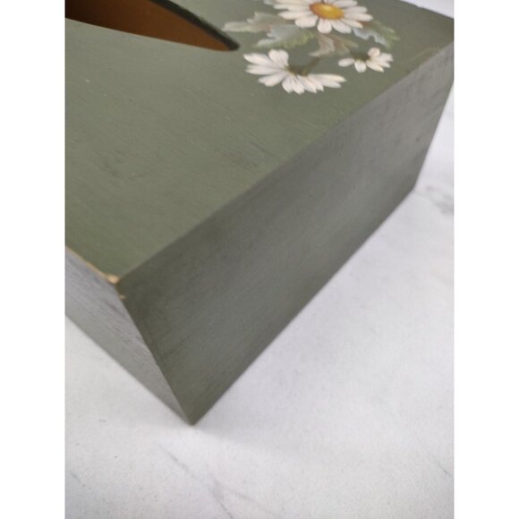 Tole Painted Wooden Tissue Box Cover Rectangle Daisy Floral Hand Painted Green - Picture 13 of 13